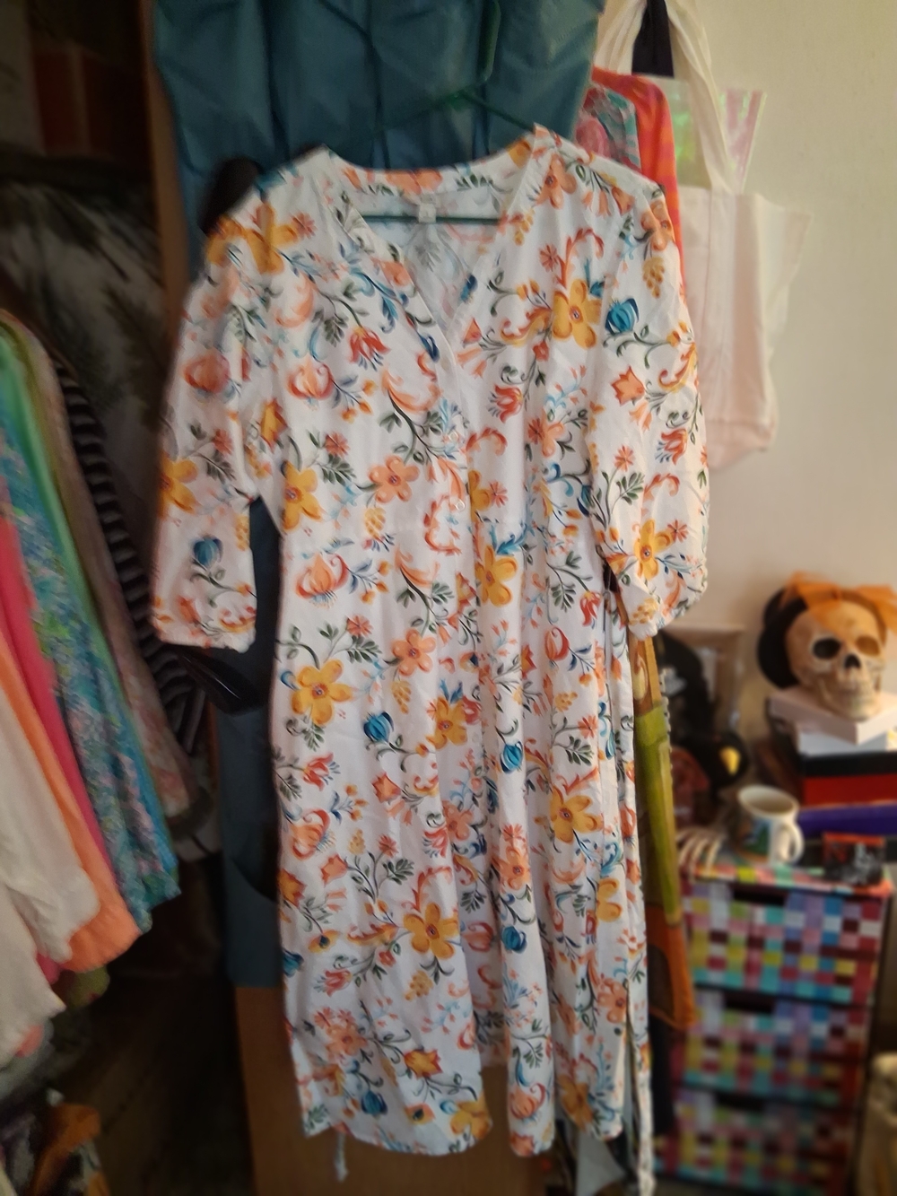 Croft and Barrow White Floral Midi Dress with Yellow & Orange Blooms
